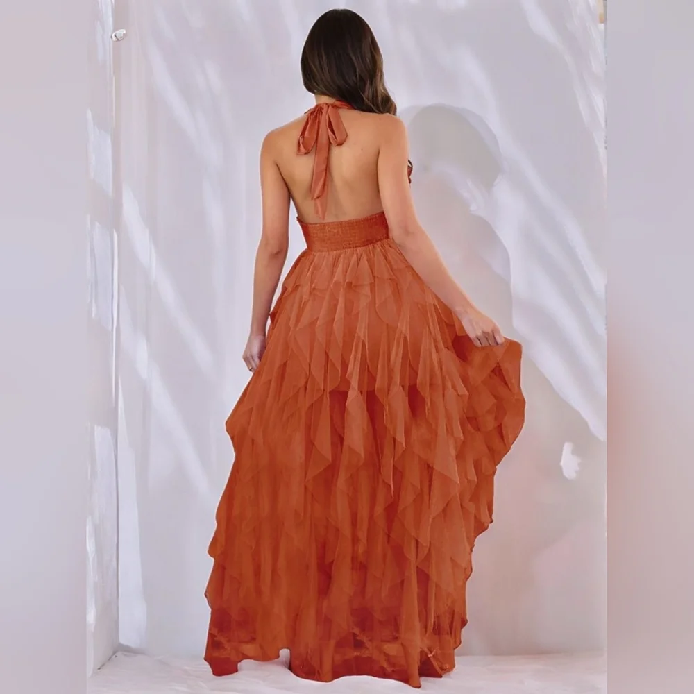 Chic Halter Maxi Dress in Vibrant Pumpkin Orange With Side Slit - Picture 3 of 8